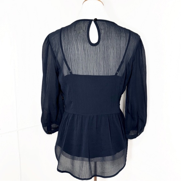 Anthropologie Embellished Beaded Sequin Floral Embroidered Navy Peplum Blouse - Picture 8 of 14